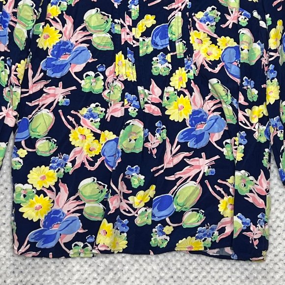 Talbots Top Womens Large Black Yellow Blue Long Sleeve Split Neck Pullover Flora - Picture 5 of 10